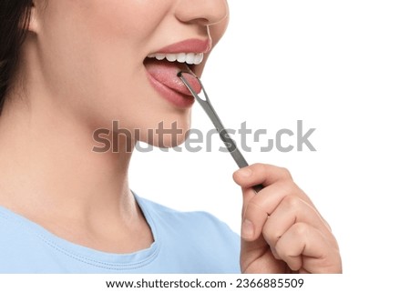 Woman brushing her tongue with cleaner on white background, closeup Royalty-Free Stock Photo #2366885509