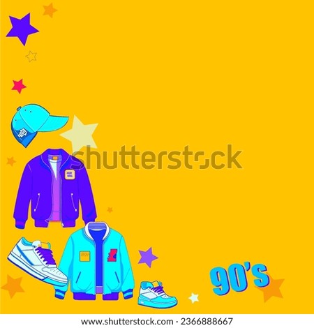 background for text from the visual aesthetics of the 90s, consisting of purple and azure sports jackets, two types of white sneakers, an azure sports cap on a yellow background with multi-colored sta Royalty-Free Stock Photo #2366888667
