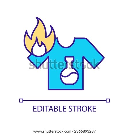 Flammable clothing material RGB color icon. Flame resistant t shirt. Self-extinguishing property. Isolated vector illustration. Simple filled line drawing. Editable stroke. Arial font used