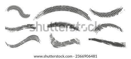Realistic grunge wheel tires traces, car tread tracks isolated on white. Black texture of real bicycle, auto, bus or tractor rubber trace isolated on white. Vector decorative design element