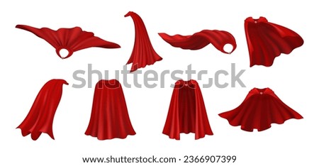 Cloak shoulders covering, isolated set of clothing in realistic design. Costume or suit outfit. Red manteau, cape or mantle part of apparel. Vector superhero costume, rescue coat of satin Royalty-Free Stock Photo #2366907399