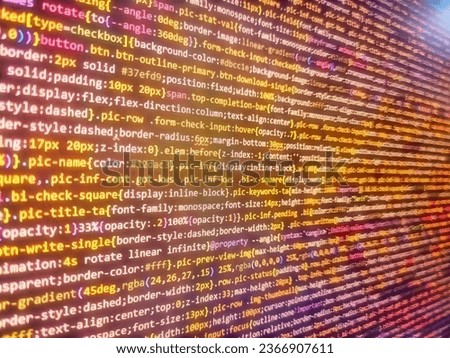 Black background. Programming code on computer screen. Laptop screen show abstract computer programming code script. Software source code. Internet connection stream flow concept. Web app coding