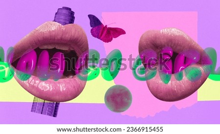 Poster. Contemporary art collage. You go girl. Female lips and violet butterflies over painted colorful background with transparent inscription. Concept of vintage fashion, style, trends. ad