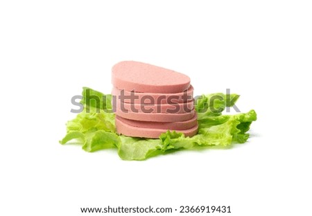Mortadella Slice Isolated, Luncheon Meat Cut, Chicken Ham, Boiled Sausage for Breakfast, Mortadella Slices on White Background Royalty-Free Stock Photo #2366919431