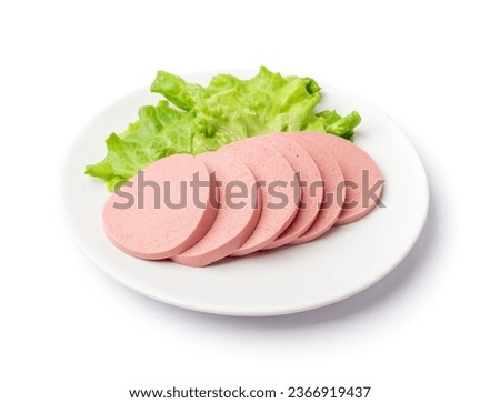 Mortadella Slice Isolated, Luncheon Meat Cut, Chicken Ham, Boiled Sausage for Breakfast, Mortadella Slices on White Background Royalty-Free Stock Photo #2366919437