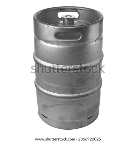 Metal beer keg side view isolated on white. Real scratched metal barrel. Clipping path. Royalty-Free Stock Photo #2366920025