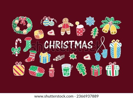 Set of Christmas elements with white outline on burgundy background, vector doodle illustration. Wreath, cookies and gingerbread, hot chocolate, Christmas balls, candles, bells, gifts, sugar cane