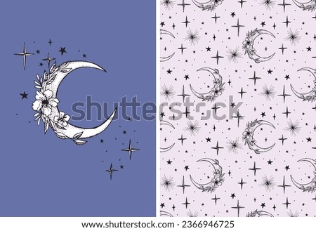 Celestial print, Flower Moon and stars, vector pattern Royalty-Free Stock Photo #2366946725