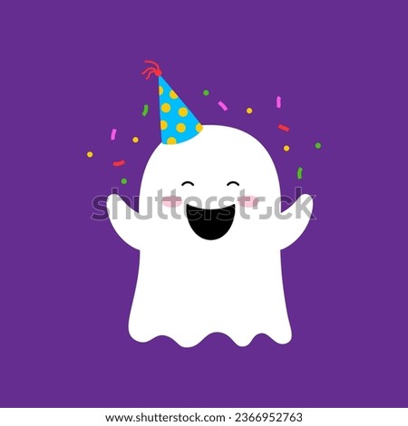 Halloween cartoon kawaii ghost in birthday cap happy laughing, vector funny boo character. Halloween holiday emoji or celebration emoticon of cute boo ghost for horror night and trick or treat party Royalty-Free Stock Photo #2366952763