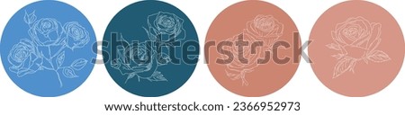 Roses hand drawn circle icon blue and rose, simple vector art fine lines.