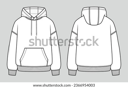 Oversized basic hoodie. Unisex casual clothing. Vector technical sketch. Mockup template. Royalty-Free Stock Photo #2366954003