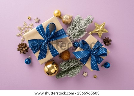 Christmas fantasy: top view perspective of charming gift boxes, gleaming baubles, pine cones amidst snowflake and fir branches with hoarfrost on a pastel purple canvas, perfect for greeting or adverts