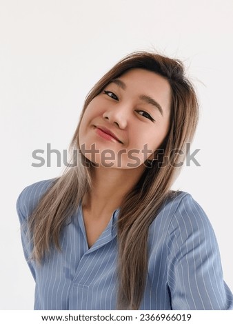 Happy pretty Thai asian office women take selfie, thinking something good, smiling and looking at camera, isolated on white background.