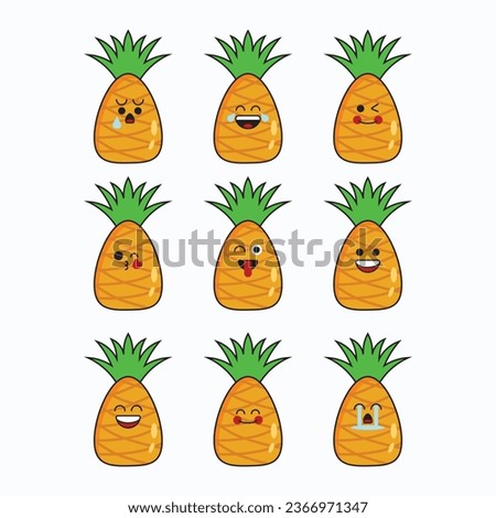 Pineapple cartoon character various expressions icon set. Simple flat illustration graphic vector. good for industry, business, food, money shops, nature, health, children, schools.