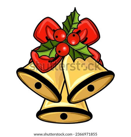 Christmas decoration of gold bells with red bow and holly leaves Digital illustration isolated on white background for design, decorating invitations and cards, making stickers, printing on packaging
