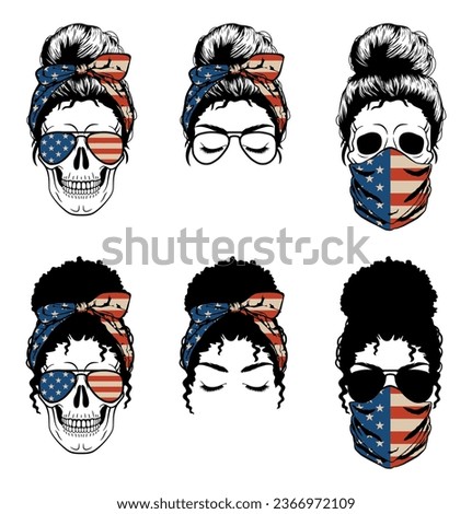Mom skeleton face with messy bun, glasses and bandana mask. American flag pattern vector print, clip art. Sugar skull with headband kerchief.