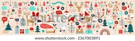 Vector set of Christmas icons. Christmas tree, gift boxes, bells and cute gingerbread man. Flat cartoon colorful vector illustration