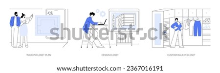 Walk-in closet layout abstract concept vector illustration set. Wardrobe plan, walk in closet 3D model, custom design project, interior software, furniture contractor service abstract metaphor. Royalty-Free Stock Photo #2367016191
