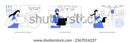 Agricultural drones isolated cartoon vector illustrations set. Aerial imagery drones, spraying and seed-planting automation in smart farming industry, precision agriculture vector cartoon. Royalty-Free Stock Photo #2367016237