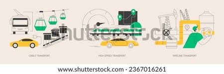 Transport modes abstract concept vector illustration set. Cable transport, high-speed and pipeline transport, trolleybus carrying tourists, ski slopes, railway station platform abstract metaphor. Royalty-Free Stock Photo #2367016261