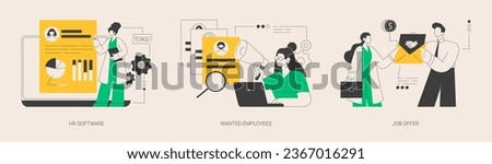 Human resources technology abstract concept vector illustration set. HR software, wanted employees, job offer, working time tracker, we are hiring, staff wanted, permanent contract abstract metaphor. Royalty-Free Stock Photo #2367016291