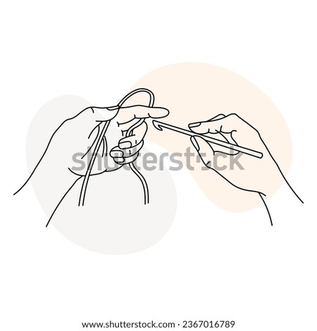 Knitting icon, female hands with hook and thread. Line art, sketch, clip art, vector	
