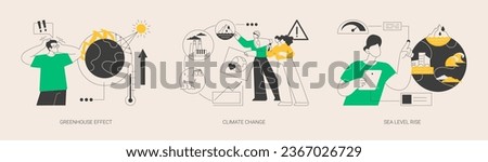 Global warming abstract concept vector illustration set. Greenhouse effect, climate change, sea level rise, air pollution problem, ozone layer, melting ice, flood consequence abstract metaphor. Royalty-Free Stock Photo #2367026729