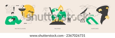 Natural disaster abstract concept vector illustration set. Melting glaciers, wildfires and hurricanes, raising sea level, global warming, forest fires, tropical storm abstract metaphor. Royalty-Free Stock Photo #2367026731