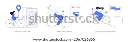 Smart biking abstract concept vector illustration set. Smart bike navigation, athlete riding bike in cycling glasses, bicycle brake sensor, modern personal vehicle technology abstract metaphor.