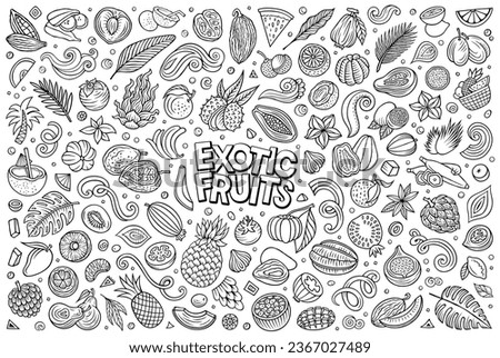 Cartoon vector line art doodle set features a variety of Exotic Tropical Fruits objects and symbols. The collection has a whimsical, playful feel. Perfect for various projects.