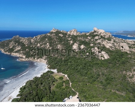 Picture of the Mediterranean ocean in Corsica (Rocca Pina) with trees in the foreground and rocks.