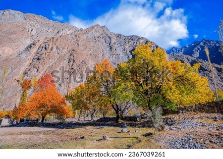 Beautiful autumn front of huge snowy and rocky mountains