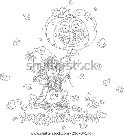 Halloween card with a happy little witch waving in greeting and a large pumpkin balloon among autumn leaves swirling around, black and white outline vector cartoon illustration