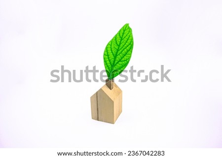 Green leaf coming out of a wooden house chimney, referencing fossil fuels. Photograph.