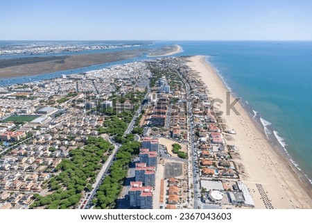 Aerial Panoramic wide angle view of Punta Umbria village and beach, in Huelva province, Andalusia, Spain