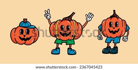 Vector groovy retro Halloween set with funny cartoon pumpkins. Crazy pumpkins in retro style. Happy Halloween. Trendy vector illustration for stickers, postcards, posters