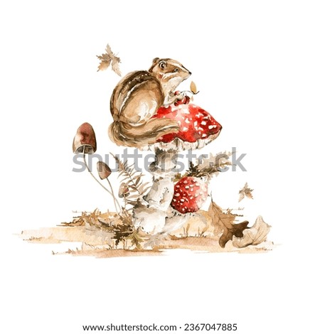 Watercolor nursery set. Hand painted autumn composition of chipmunk, mushroom, forest leaves, fall leaf, isolated on white background. Baby illustration for card design, print, poster