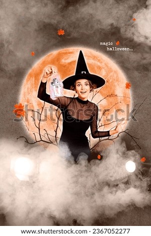Exclusive magazine picture sketch collage image of funny excited witch walking moon light night isolated creative background