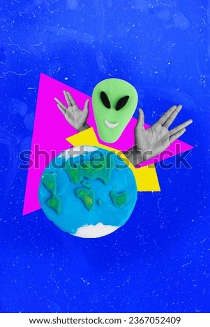 Photo collage artwork picture of funny alien invading earth isolated blue color background