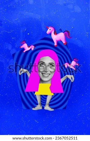 Vertical collage picture of black white colors mini girl big head hypnosis dream little pink unicorn isolated on blue background