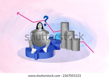 Creative composite photo collage of sad confused girl sit on dollar choose wrong investment strategy isolated on colorful background