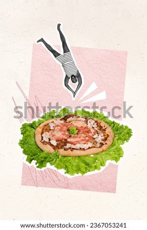 Poster collage banner of little guy dive down into round yummy pepperoni pizza delicious fast food nutrition