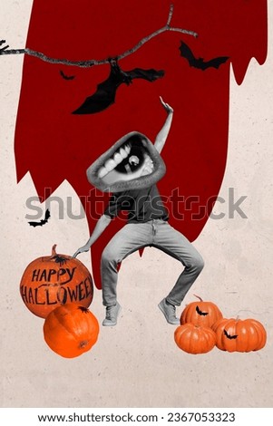Vertical collage picture of black white colors dancing person big eye inside mouth instead head happy halloween pumpkin tree branch