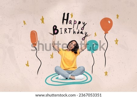 Creative composite photo collage of satisfied nice woman sit on floor congratulate you happy birthday isolated on painted background