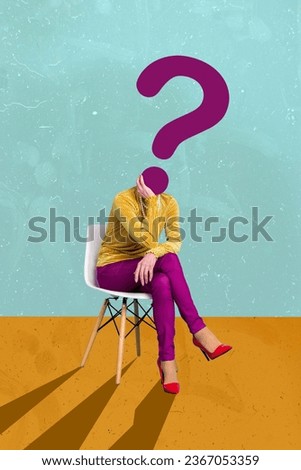 Vertical collage picture of minded girl sit chair big question mark instead head brainstorm isolated on creative background