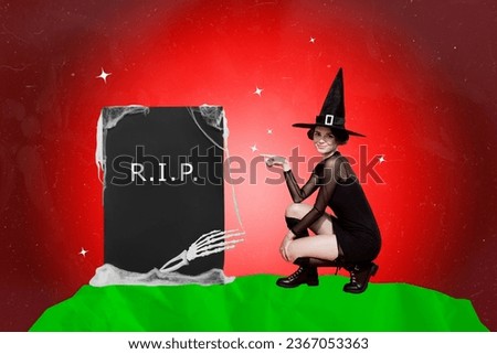 3d retro abstract creative artwork template collage of smiling witch pointing finger rip grave isolated red color background