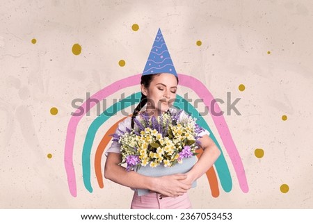 Creative composite concept photo collage of good mood girl wear birthday cone embrace flower bouquet isolated on drawing background