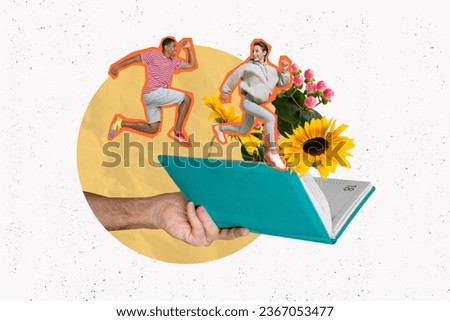 Creative composite photo artwork collage of positive happy people running hand hold diary book with flowers isolated on drawing background