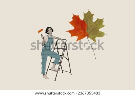 Magazine collage picture of smiling lady coloring big maple leaf isolated drawing background