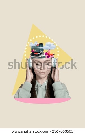 Vertical collage of young lady absurd photorealism image listen wireless earphones dream retro turntable album isolated on beige background
